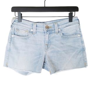TRUE RELIGION Cora Mid Rise light wash cut off jean shorts raw hem Size …